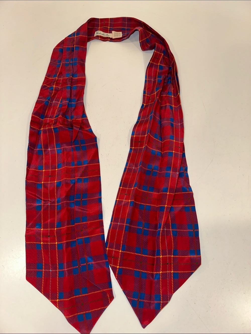 Red Plaid Silk Ascot Tie with Blue Accents - Classic Men's Accessory